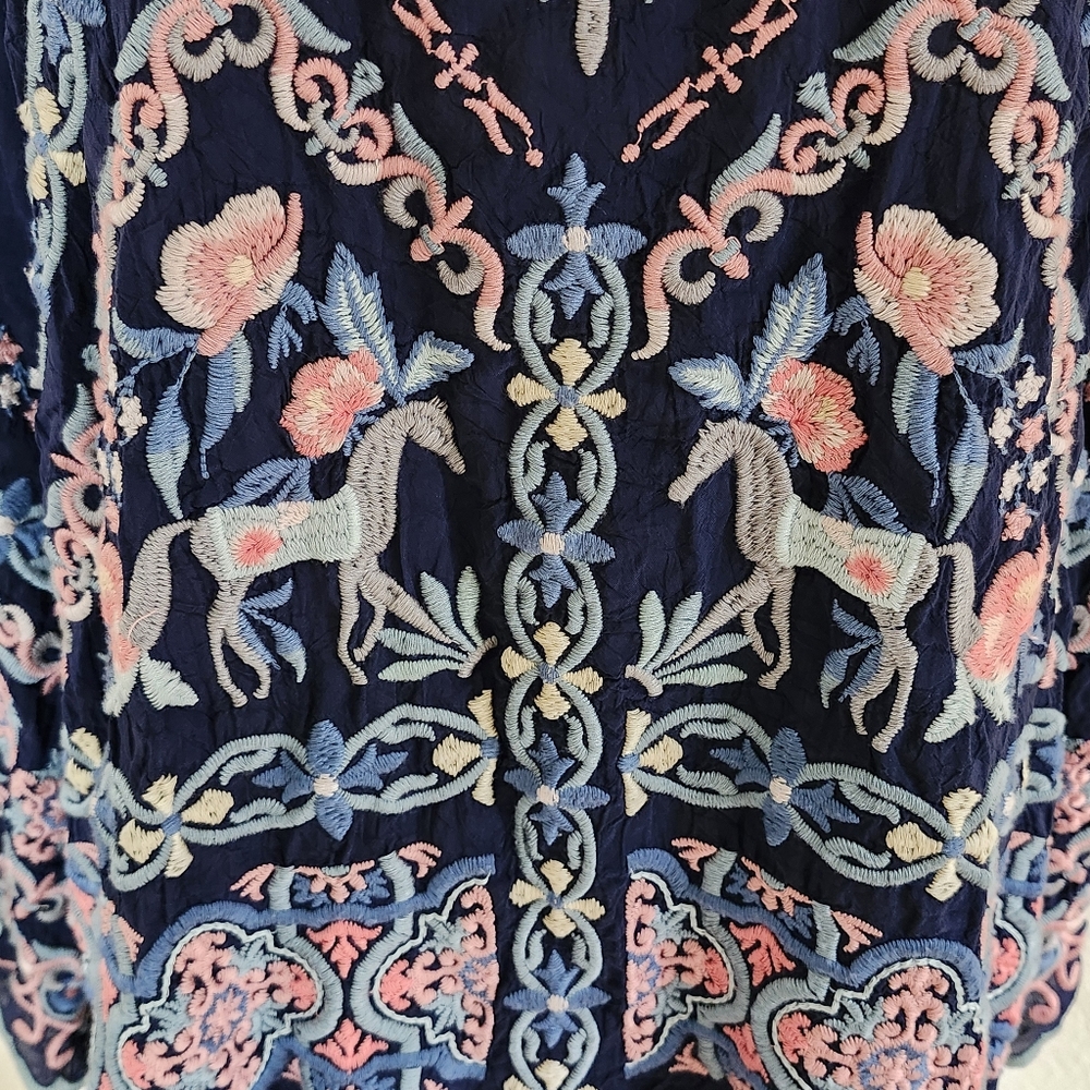 Johnny Was Embroidered Lina Navy Blue Top Horses Sz XXS Offers Welcome